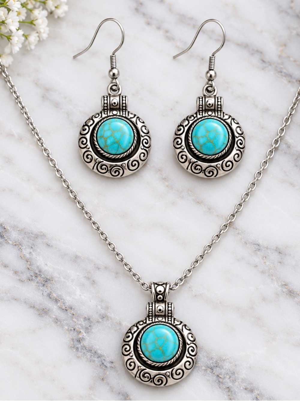 Turquoise Stone Silver-Tone Pendant Necklace & Earrings Set